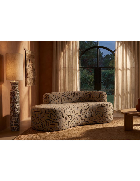 Canapé design style Memphis Arrondi 3 places 176 cm Tissu Beige Noir Motif ethnique Éponge Bois contreplaqué Nairobi 