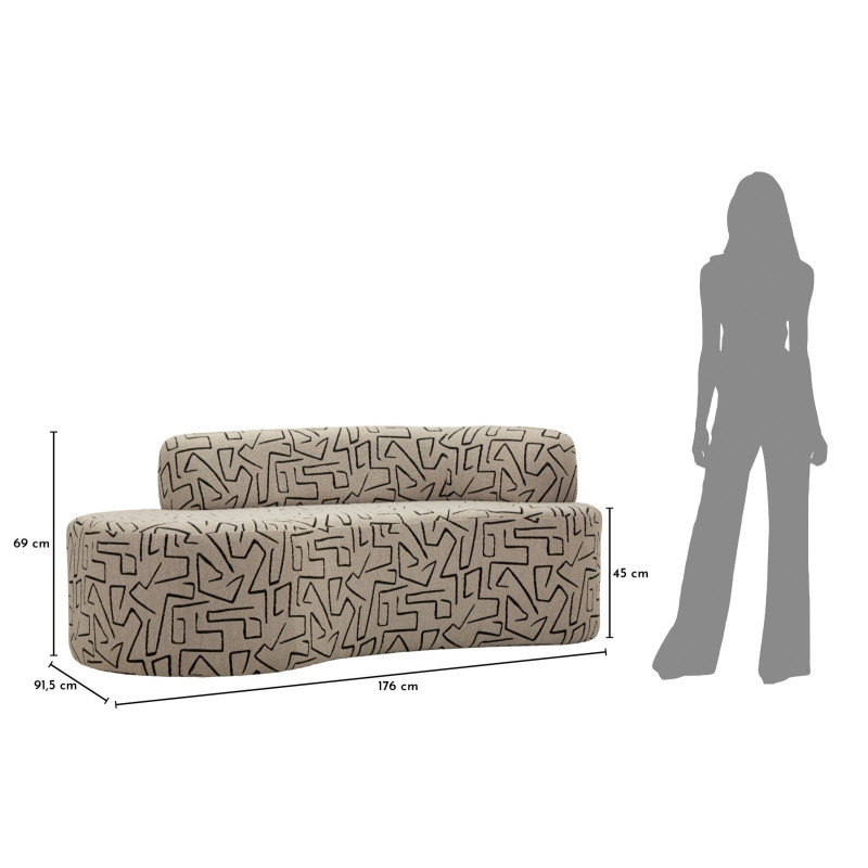 Canapé design style Memphis Arrondi 3 places 176 cm Tissu Beige Noir Motif ethnique Éponge Bois contreplaqué Nairobi 