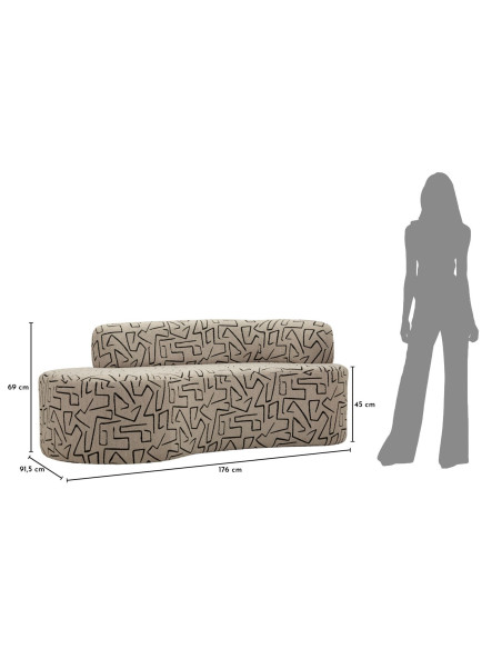 Canapé design style Memphis Arrondi 3 places 176 cm Tissu Beige Noir Motif ethnique Éponge Bois contreplaqué Nairobi 