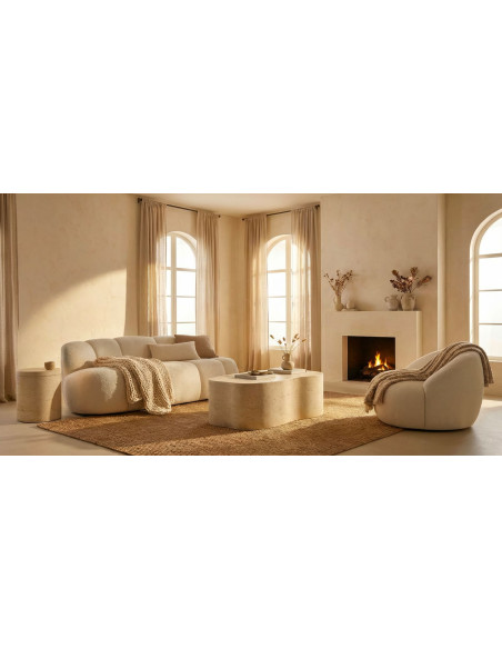 Canapé design Bouclette Arrondi 2 places 145 cm Tissu Blanc Bouclé Éponge Bois contreplaqué Ball 