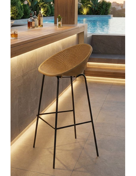 Lot de 2 Tabourets de bar design Plastique Jaune moutarde Métal Noir Ibiza 