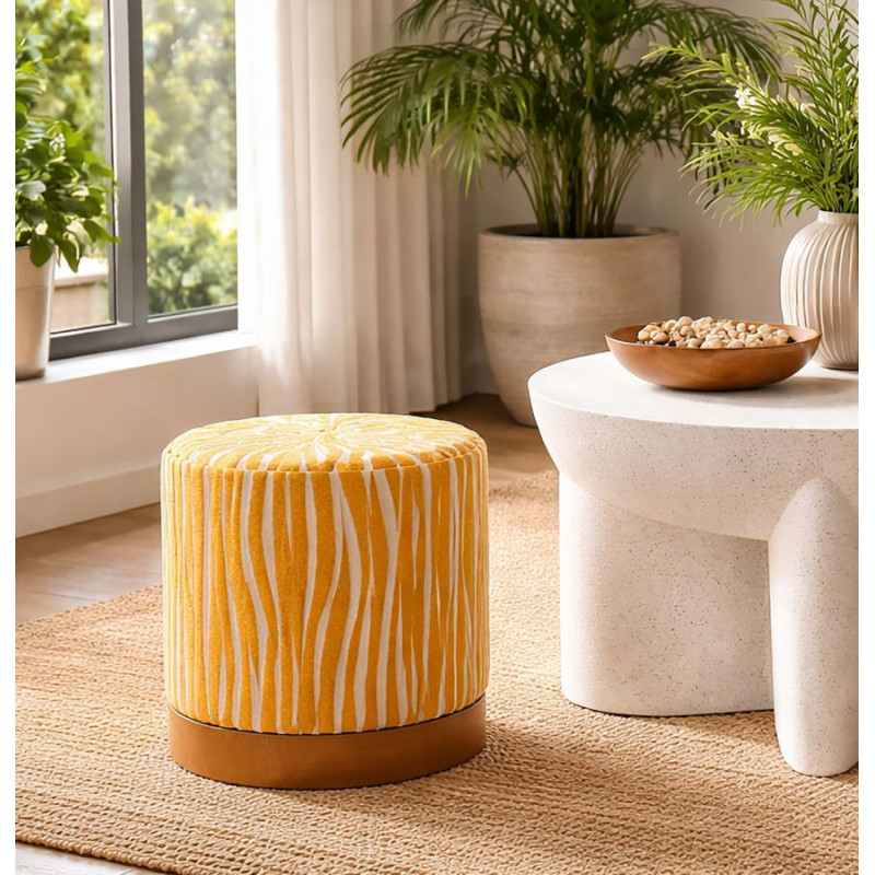 Pouf design chic Rond 40 cm Tissu Jaune moutarde Beige Bois de sapin Naturel Éponge Savana 