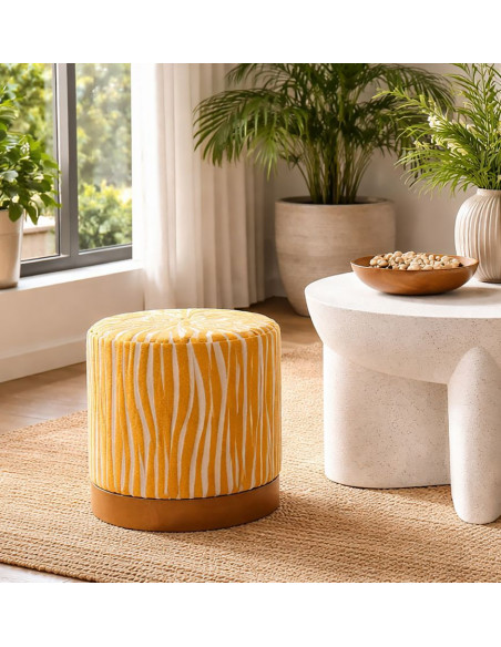 Pouf design chic Rond 40 cm Tissu Jaune moutarde Beige Bois de sapin Naturel Éponge Savana 