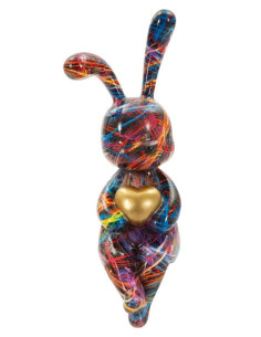 Statuette design Pop Art Lapin Coeur Hauteur 33 cm Résine Multicolore Motif lignes Psyco 