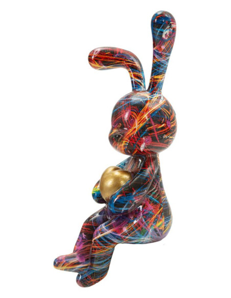 Statuette design Pop Art Lapin Coeur Hauteur 33 cm Résine Multicolore Motif lignes Psyco 