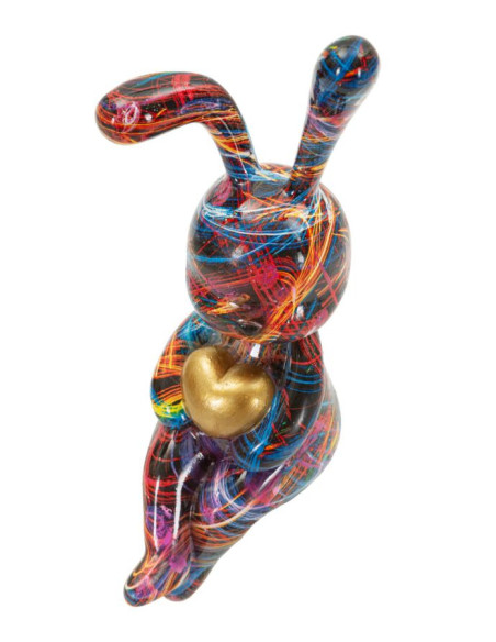 Statuette design Pop Art Lapin Coeur Hauteur 33 cm Résine Multicolore Motif lignes Psyco 