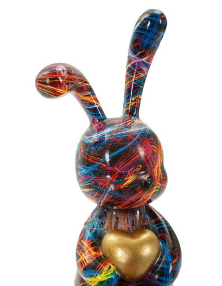 Statuette design Pop Art Lapin Coeur Hauteur 33 cm Résine Multicolore Motif lignes Psyco 