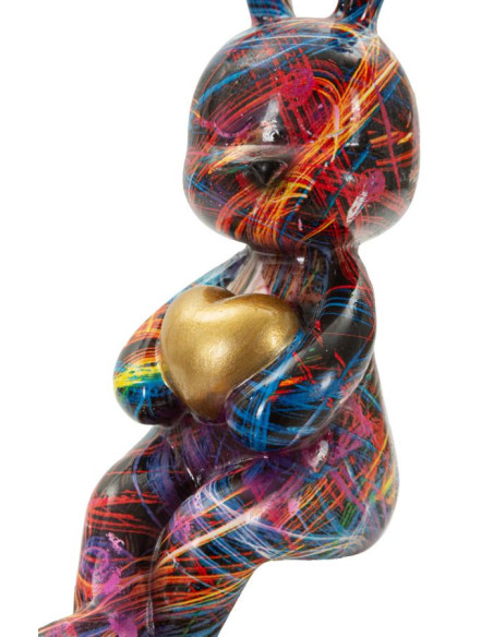 Statuette design Pop Art Lapin Coeur Hauteur 33 cm Résine Multicolore Motif lignes Psyco 