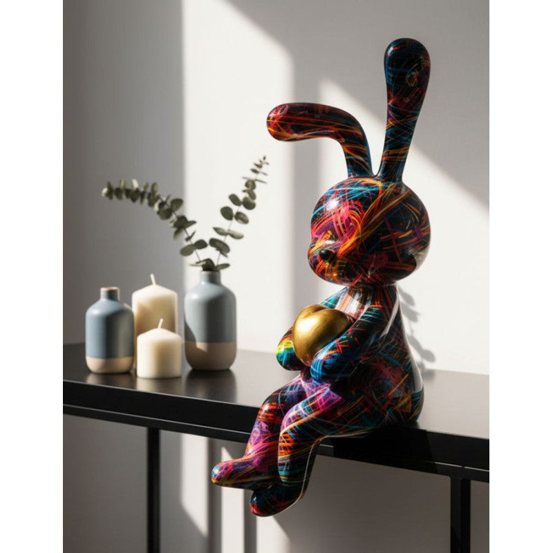 Statuette design Pop Art Lapin Coeur Hauteur 33 cm Résine Multicolore Motif lignes Psyco 