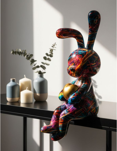 Statuette design Pop Art Lapin Coeur Hauteur 33 cm Résine Multicolore Motif lignes Psyco 