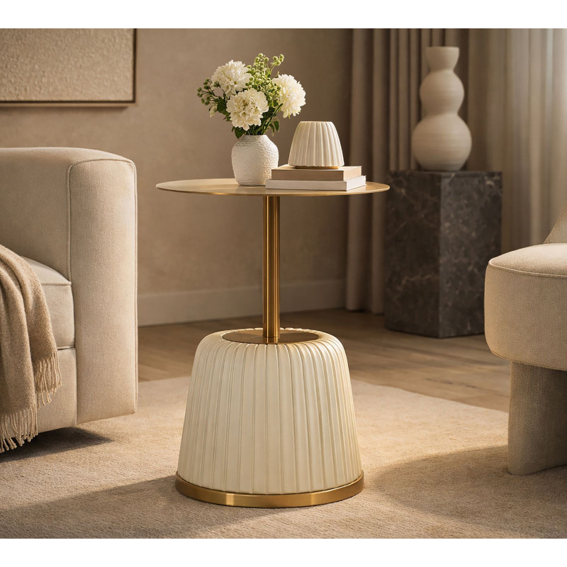 Table d'appoint design chic Ronde 40 cm Métal Doré Polyuréthane Blanc Egle 