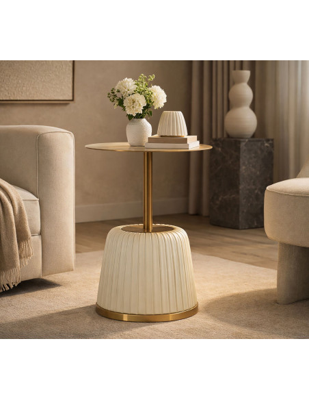 Table d'appoint design chic Ronde 40 cm Métal Doré Polyuréthane Blanc Egle 