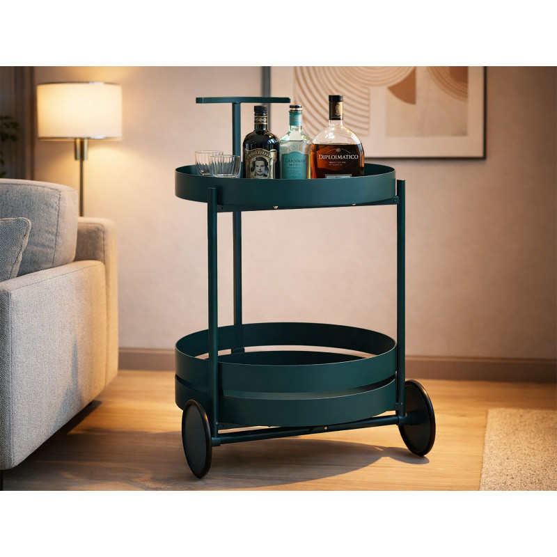 Desserte design sur roues Ronde 2 niveaux Métal Bleu canard Saturno 40 cm 