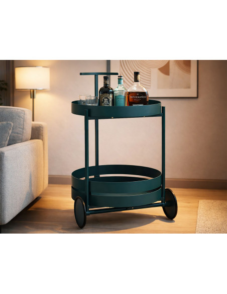 Desserte design sur roues Ronde 2 niveaux Métal Bleu canard Saturno 40 cm 