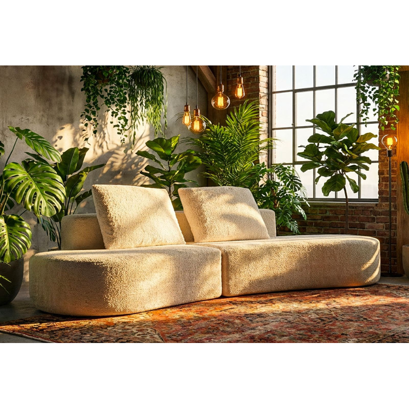 Grand Canapé design japandi Bouclette Arrondi 4 places 238 cm Tissu Blanc Bouclé Éponge Island 