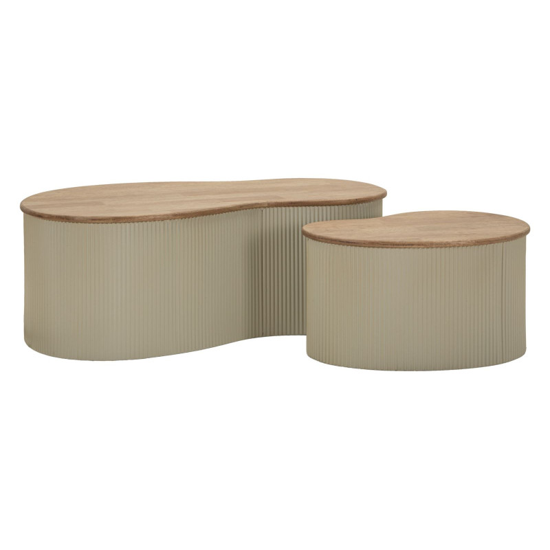 Lot de 2 Tables basses design Organique Bois d'hévéa Naturel Métal Blanc Frankfurt 