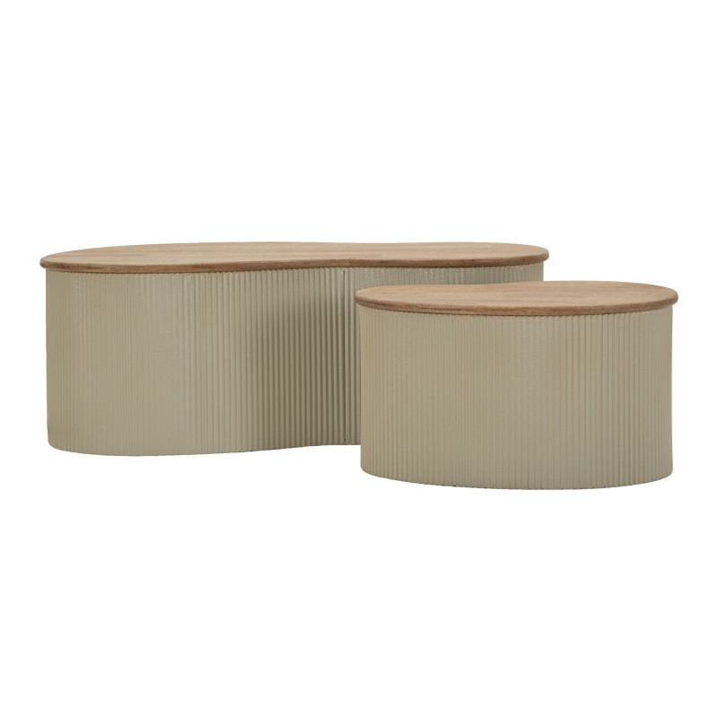 Lot de 2 Tables basses design Organique Bois d'hévéa Naturel Métal Blanc Frankfurt 