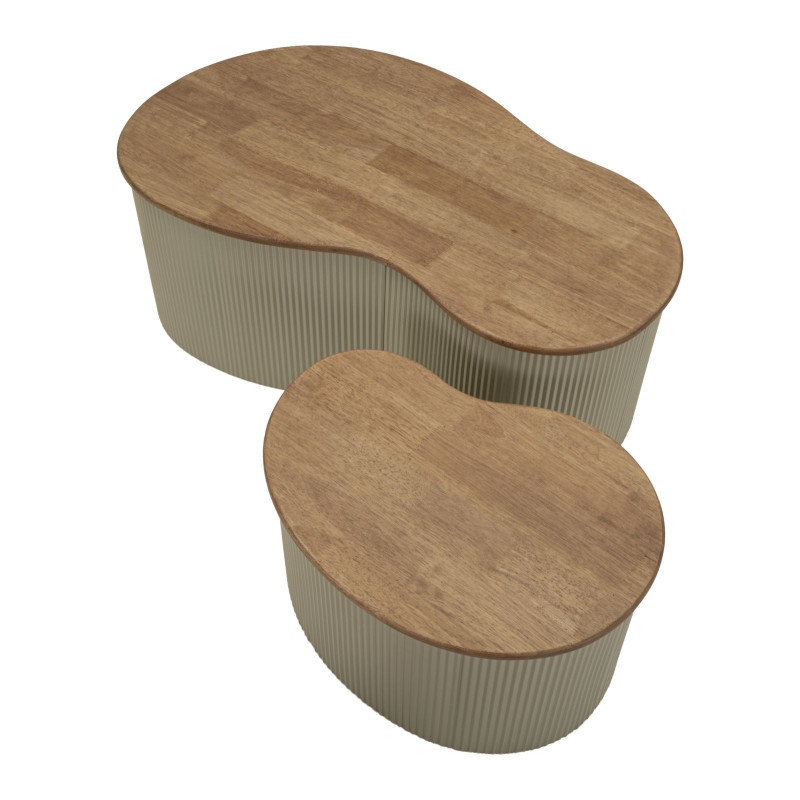 Lot de 2 Tables basses design Organique Bois d'hévéa Naturel Métal Blanc Frankfurt 