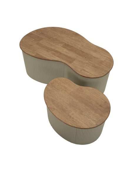 Lot de 2 Tables basses design Organique Bois d'hévéa Naturel Métal Blanc Frankfurt 