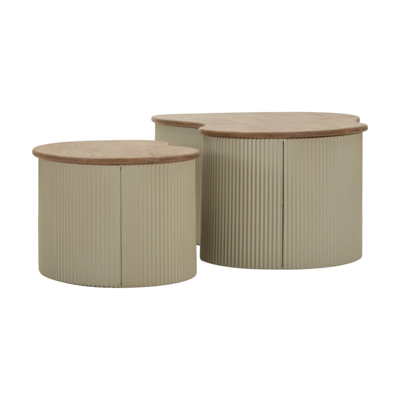 Lot de 2 Tables basses design Organique Bois d'hévéa Naturel Métal Blanc Frankfurt 