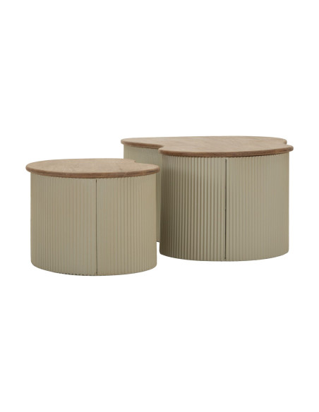 Lot de 2 Tables basses design Organique Bois d'hévéa Naturel Métal Blanc Frankfurt 