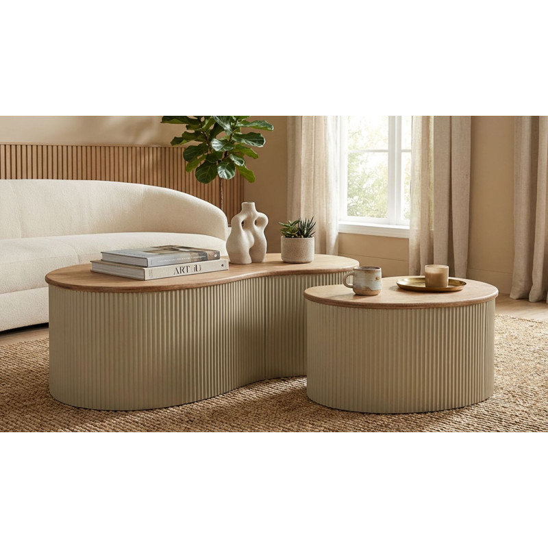 Lot de 2 Tables basses design Organique Bois d'hévéa Naturel Métal Blanc Frankfurt 