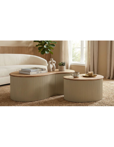 Lot de 2 Tables basses design Organique Bois d'hévéa Naturel Métal Blanc Frankfurt 