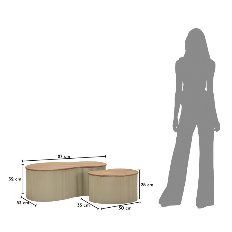 Lot de 2 Tables basses design Organique Bois d'hévéa Naturel Métal Blanc Frankfurt 