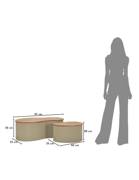 Lot de 2 Tables basses design Organique Bois d'hévéa Naturel Métal Blanc Frankfurt 