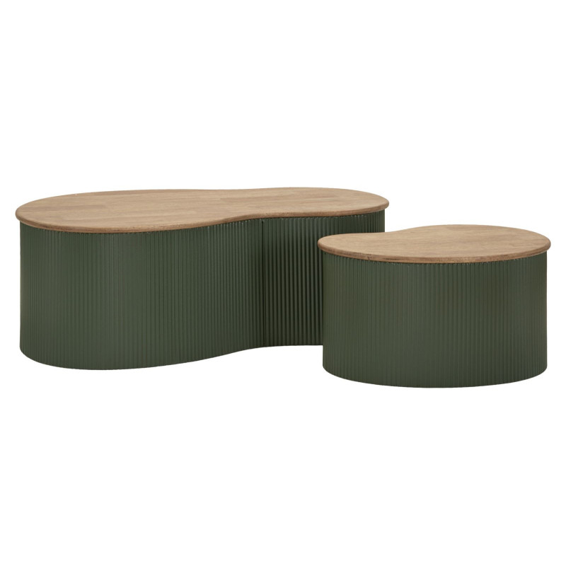 Lot de 2 Tables basses design Organique Bois d'hévéa Naturel Métal Vert Frankfurt 