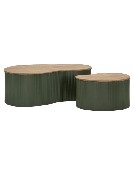 Lot de 2 Tables basses design Organique Bois d'hévéa Naturel Métal Vert Frankfurt 