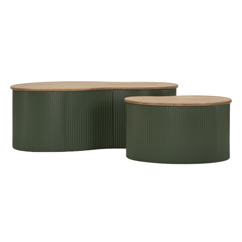 Lot de 2 Tables basses design Organique Bois d'hévéa Naturel Métal Vert Frankfurt 