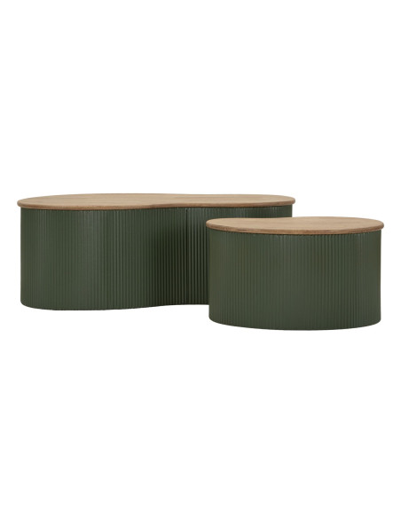 Lot de 2 Tables basses design Organique Bois d'hévéa Naturel Métal Vert Frankfurt 
