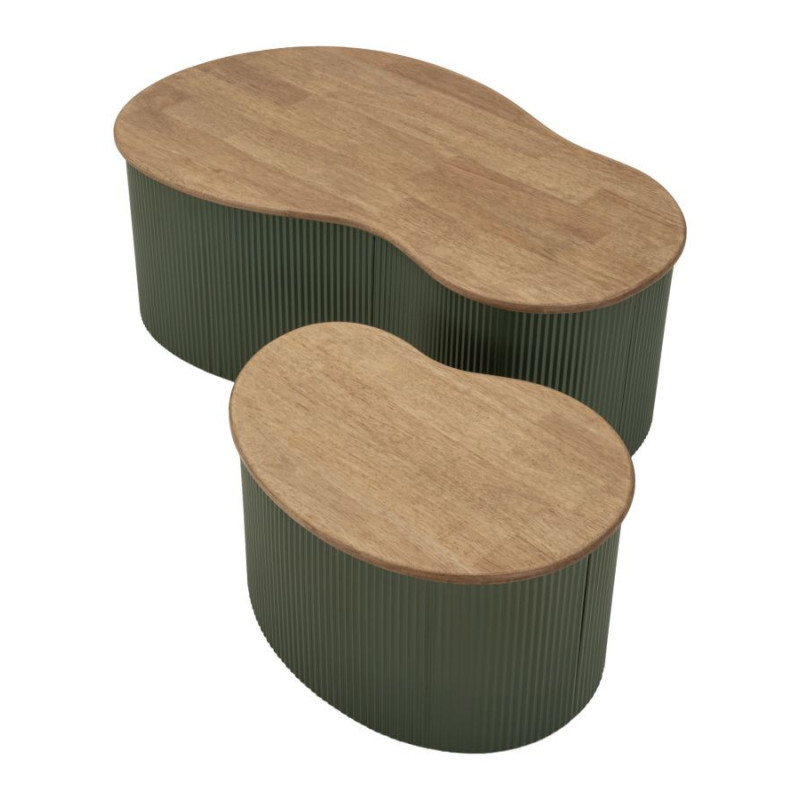Lot de 2 Tables basses design Organique Bois d'hévéa Naturel Métal Vert Frankfurt 