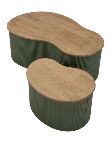 Lot de 2 Tables basses design Organique Bois d'hévéa Naturel Métal Vert Frankfurt 