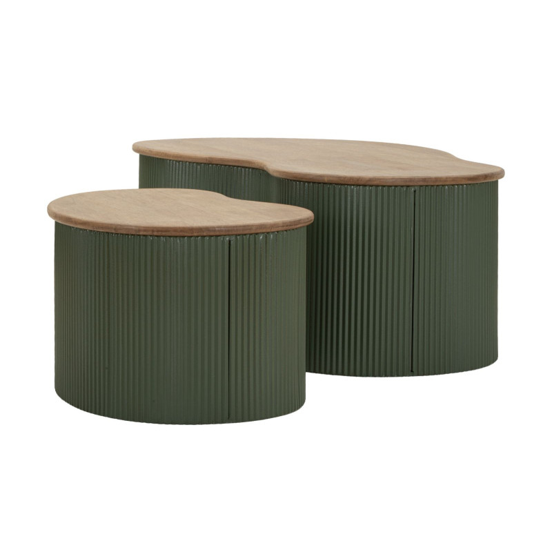 Lot de 2 Tables basses design Organique Bois d'hévéa Naturel Métal Vert Frankfurt 