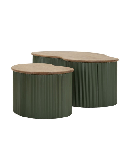 Lot de 2 Tables basses design Organique Bois d'hévéa Naturel Métal Vert Frankfurt 