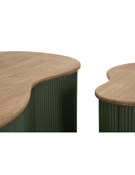 Lot de 2 Tables basses design Organique Bois d'hévéa Naturel Métal Vert Frankfurt 