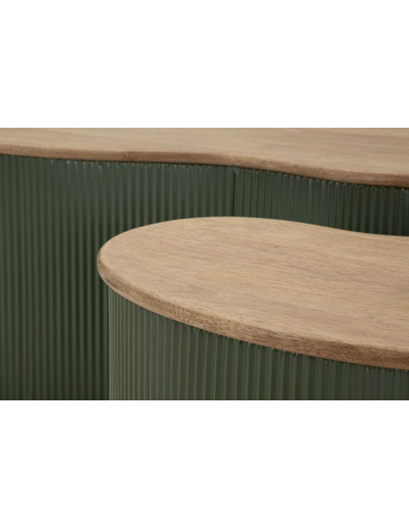 Lot de 2 Tables basses design Organique Bois d'hévéa Naturel Métal Vert Frankfurt 