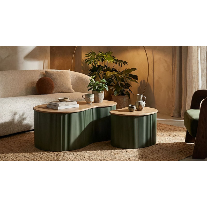 Lot de 2 Tables basses design Organique Bois d'hévéa Naturel Métal Vert Frankfurt 