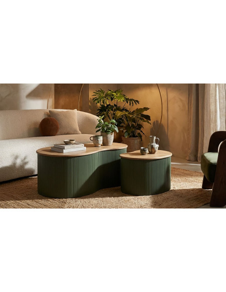 Lot de 2 Tables basses design Organique Bois d'hévéa Naturel Métal Vert Frankfurt 