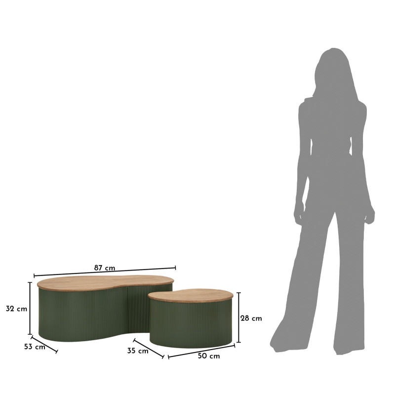 Lot de 2 Tables basses design Organique Bois d'hévéa Naturel Métal Vert Frankfurt 