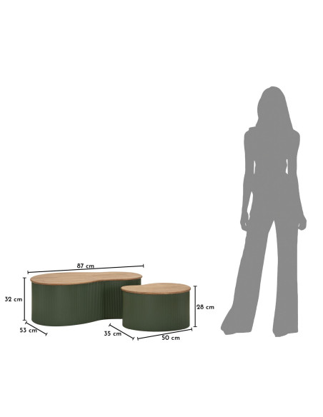 Lot de 2 Tables basses design Organique Bois d'hévéa Naturel Métal Vert Frankfurt 