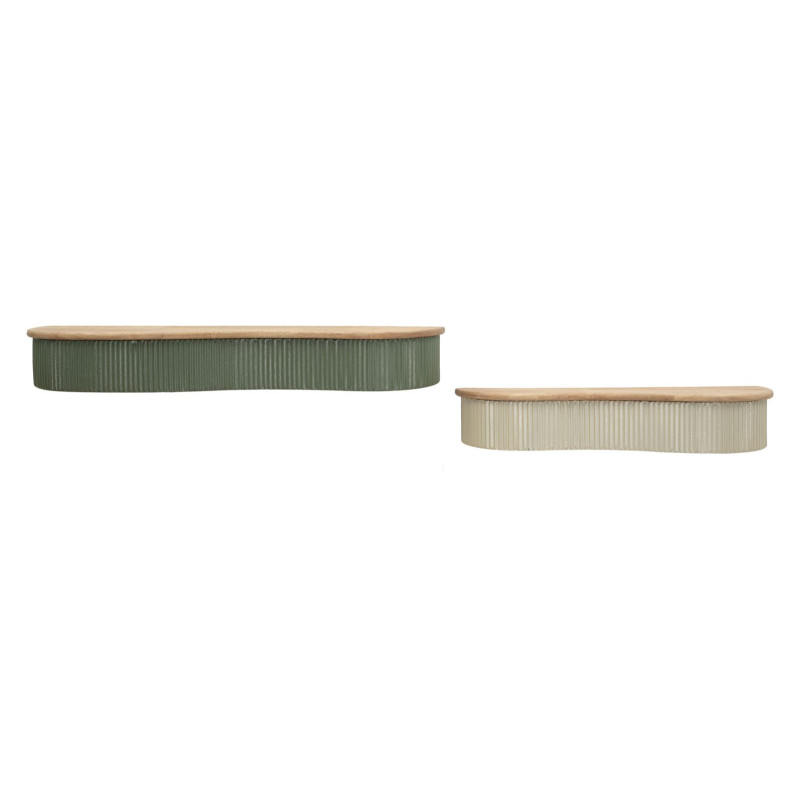 Lot de 2 Étagères murales Japandi Organique Bois d'hévéa Naturel Métal Vert Blanc crème Frankfurt Mauro Ferretti - 1