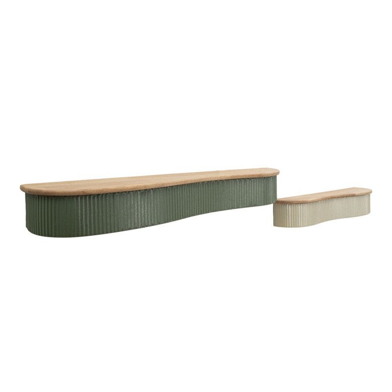 Lot de 2 Étagères murales Japandi Organique Bois d'hévéa Naturel Métal Vert Blanc crème Frankfurt Mauro Ferretti - 2