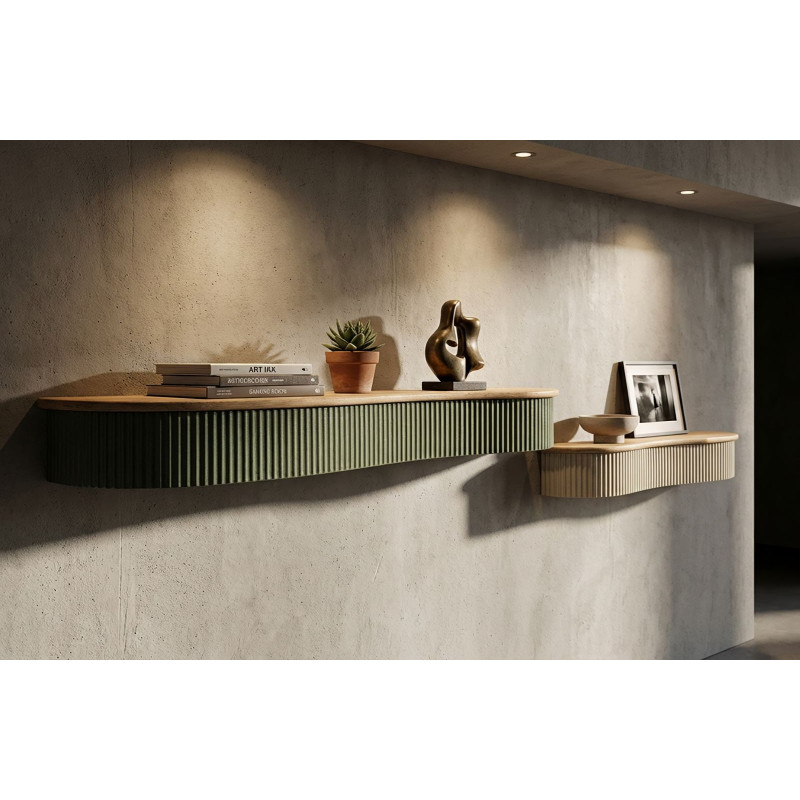 Lot de 2 Étagères murales Japandi Organique Bois d'hévéa Naturel Métal Vert Blanc crème Frankfurt Mauro Ferretti - 9