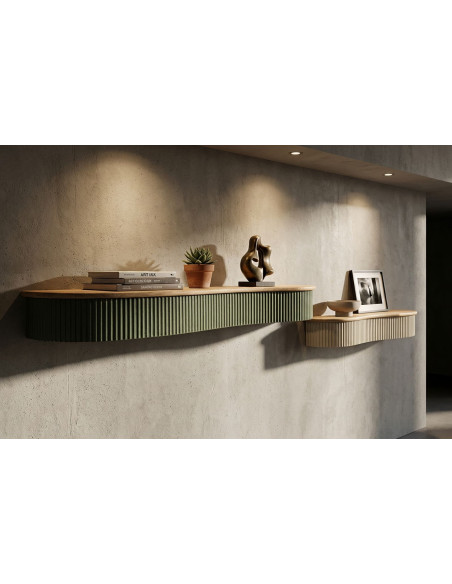 Lot de 2 Étagères murales Japandi Organique Bois d'hévéa Naturel Métal Vert Blanc crème Frankfurt Mauro Ferretti - 9