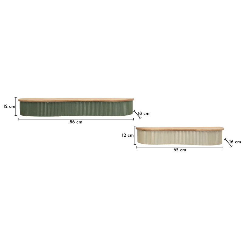 Lot de 2 Étagères murales Japandi Organique Bois d'hévéa Naturel Métal Vert Blanc crème Frankfurt Mauro Ferretti - 10