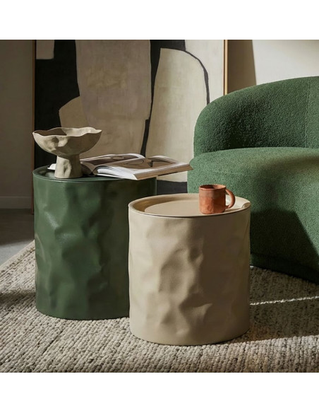 Lot de 2 Tables d'appoint design Ronde Métal Vert Taupe Norimberga 