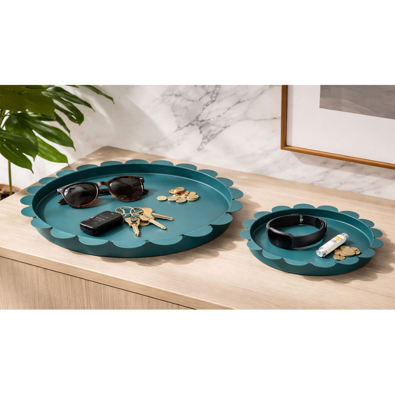 Lot de 2 plateaux design Rond Métal Bleu canard Saturno 